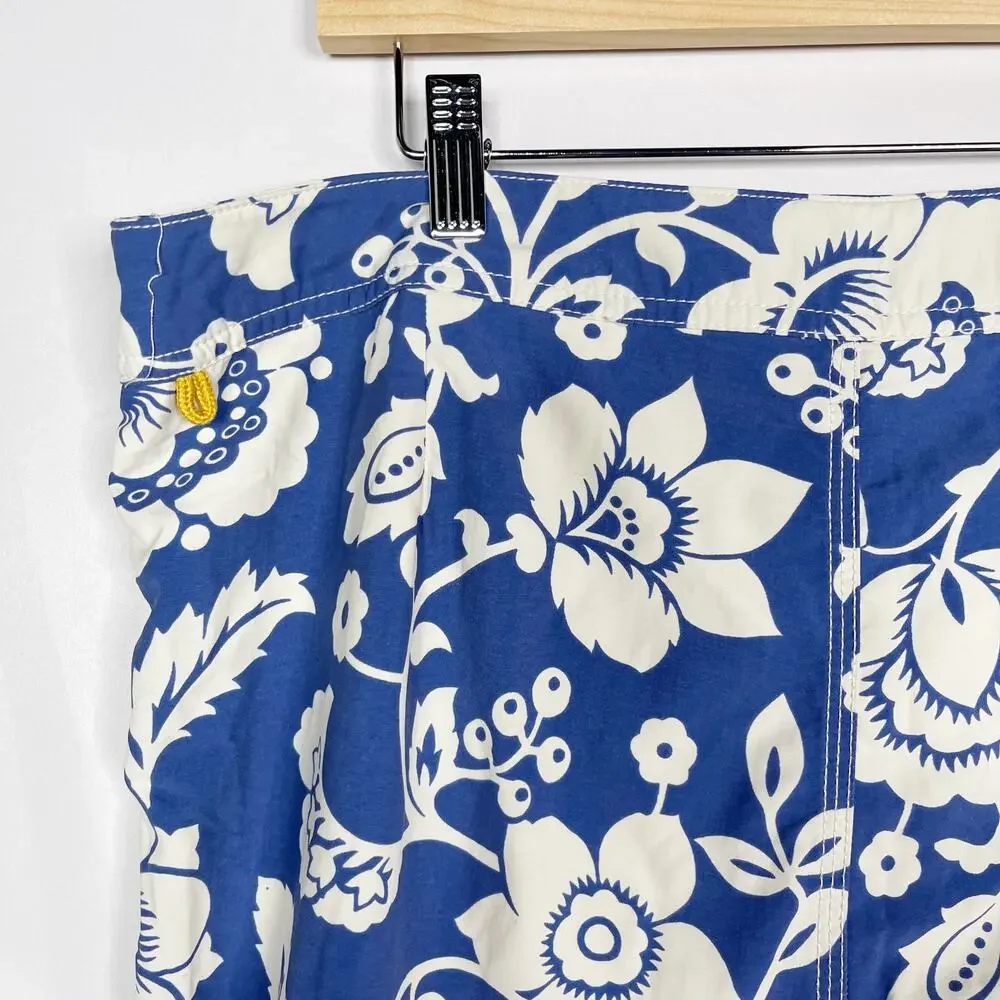 J Crew Mens Size 36 Blue White Floral Printed Swim Trunks Board Shorts Lace Up